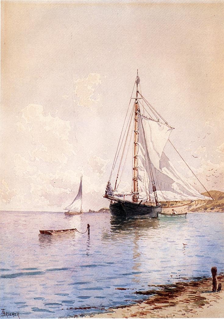 Het Hoofdzeil Drogen bij Anker door Alfred Thompson Bricher