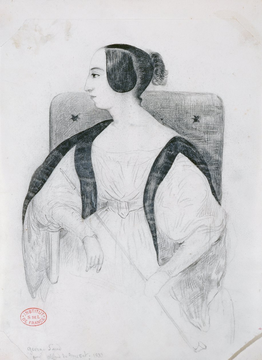 George Sand zittend in een fauteuil, 1833 door Alfred de Musset