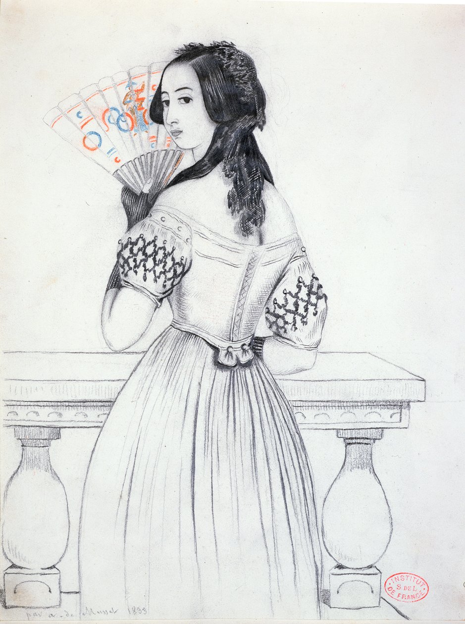George Sand (1804-76) met een waaier, 1833 door Alfred de Musset