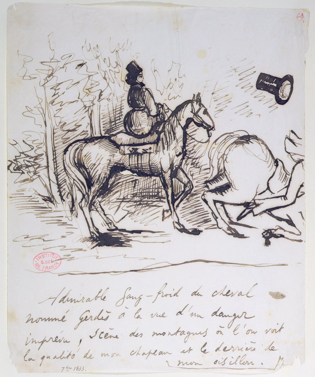 Het paard van George Sand toont koelbloedigheid achter het struikelende paard van Alfred de Musset (1810-57), september 1833 door Alfred de Musset