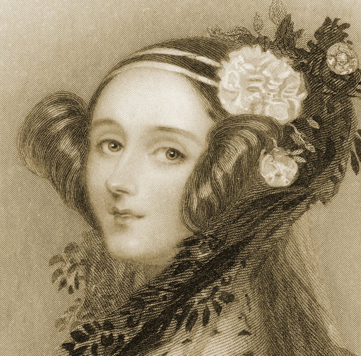 Sepia portret van Augusta Ada King (1815 - 1852), Gravin van Lovelace door Alfred Edward Chalon