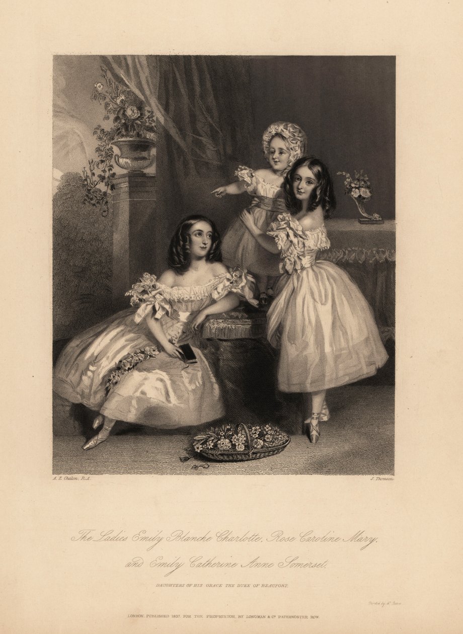 Portret van Emily Blanche Charlotte, Rose Caroline en Emily Catherine Anne Somerset, dochters van Henry Somerset, 7e Hertog van Beaufort door Alfred Edward (after) Chalon