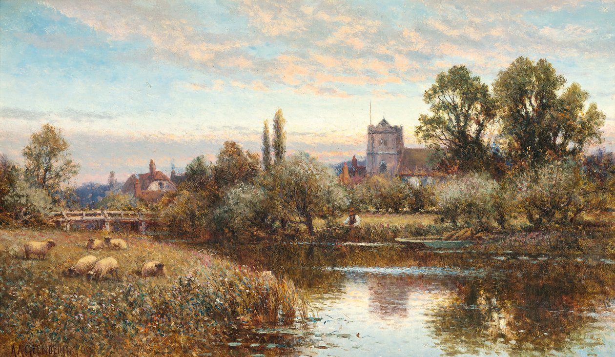 Schapen grazen voor de kerk van Wrotham, schemering door Alfred Augustus Glendening