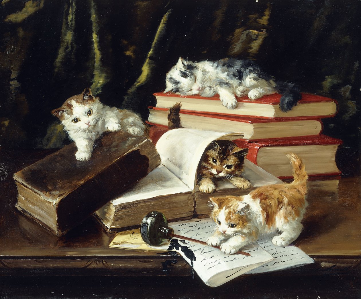 Kittens Spelen op Bureau door Alfred Brunel de Neuville