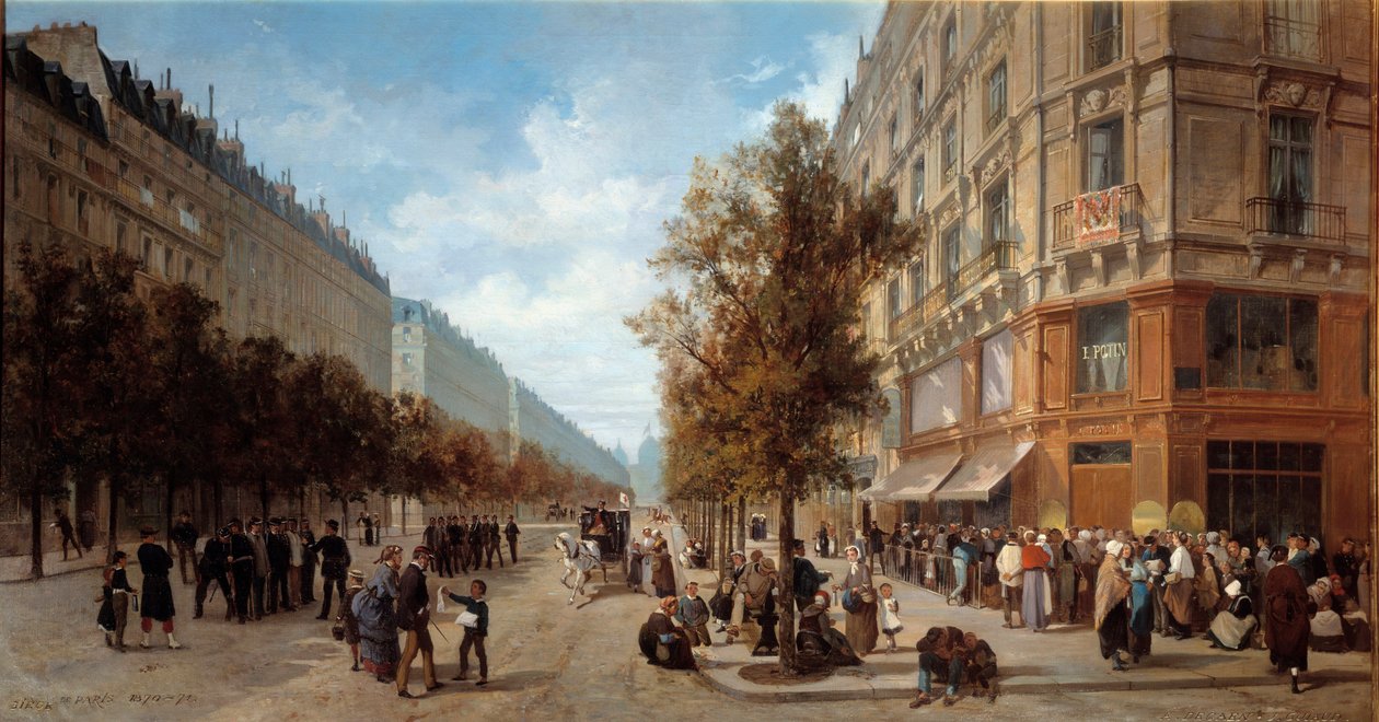 Parijs hoofdkwartier: Wachtrij bij de deur van een kruidenierswinkel (Felix Potin) op de hoek van Rue Reaumur en Boulevard Sebastopol in november 1870 door Alfred Charles Ferdinand Decaen