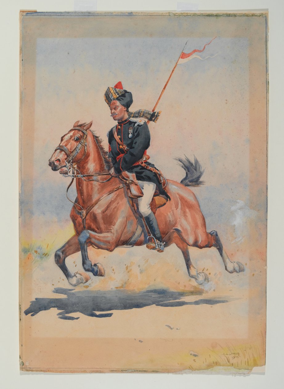 Een Jat Sowar van de 6e Cavalerie gemonteerd, galopperend, met geslingerde lans door Alfred Crowdy Lovett