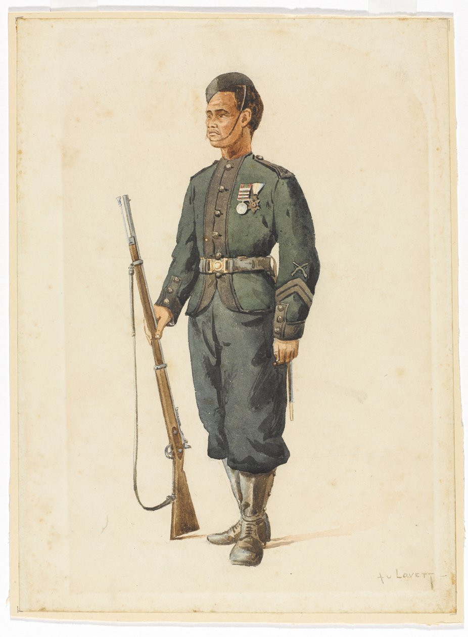 Schutter van het 4e Gurkha Regiment in oefenorde door Alfred Crowdy Lovett