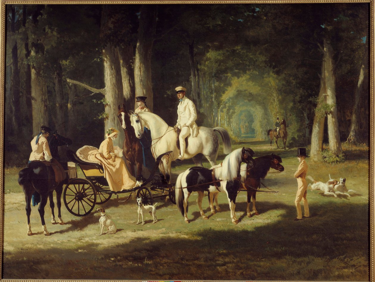 De heer en mevrouw A. Mosselman en hun twee dochters te paard door het bos (1848) door Alfred Dedreux