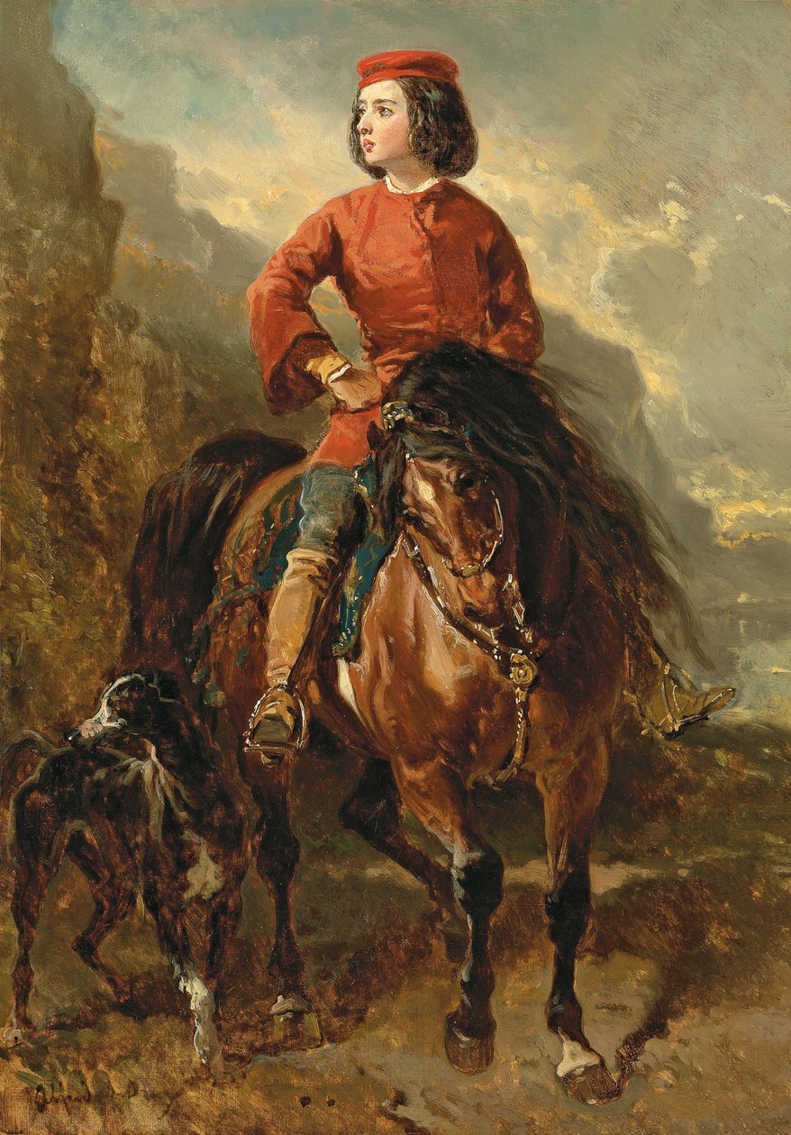 Jonge ruiter op een Shetland met een windhond door Alfred Dedreux
