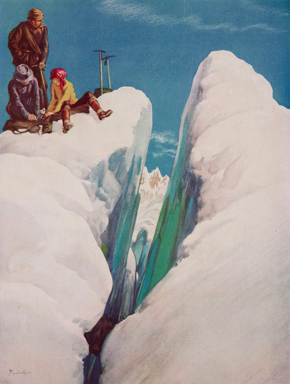 De gletsjerspleet, bergtragedie, tekening door Alfred Bestall (1892-1986) uit The Tatler, nr. 1366, augustus 31 door Alfred Edmeades Bestall