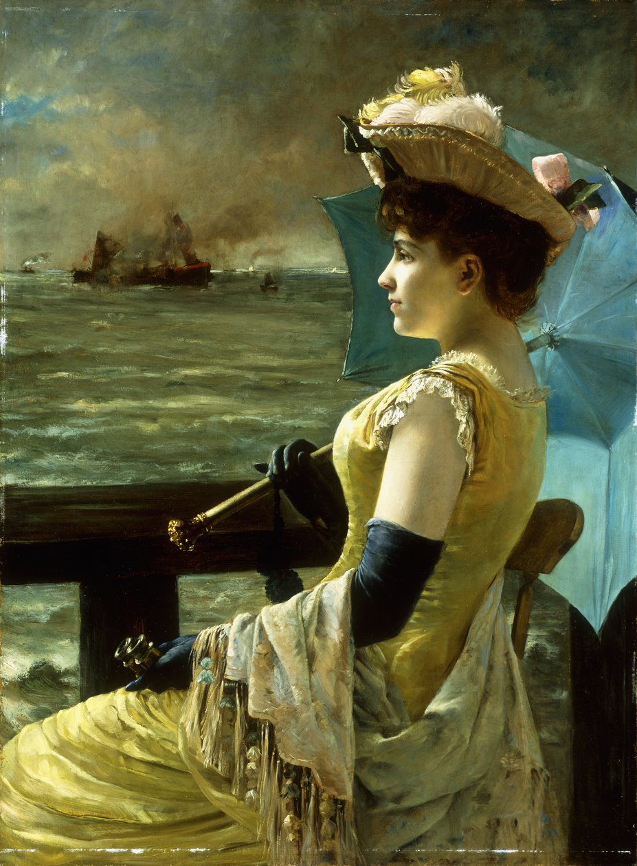 Een Dame met een Parasol die naar Zee Kijkt door Alfred Emile Stevens