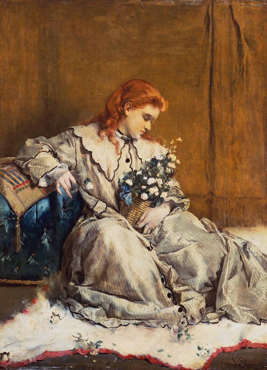 Dagdroom, jong roodharig meisje met blauwe ottomaan door Alfred Emile Stevens