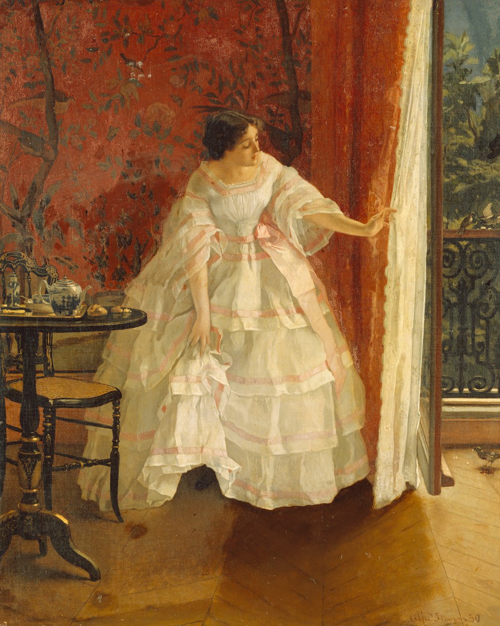 Dame bij een Raam die Vogels Voert, c.1859 door Alfred Emile Stevens