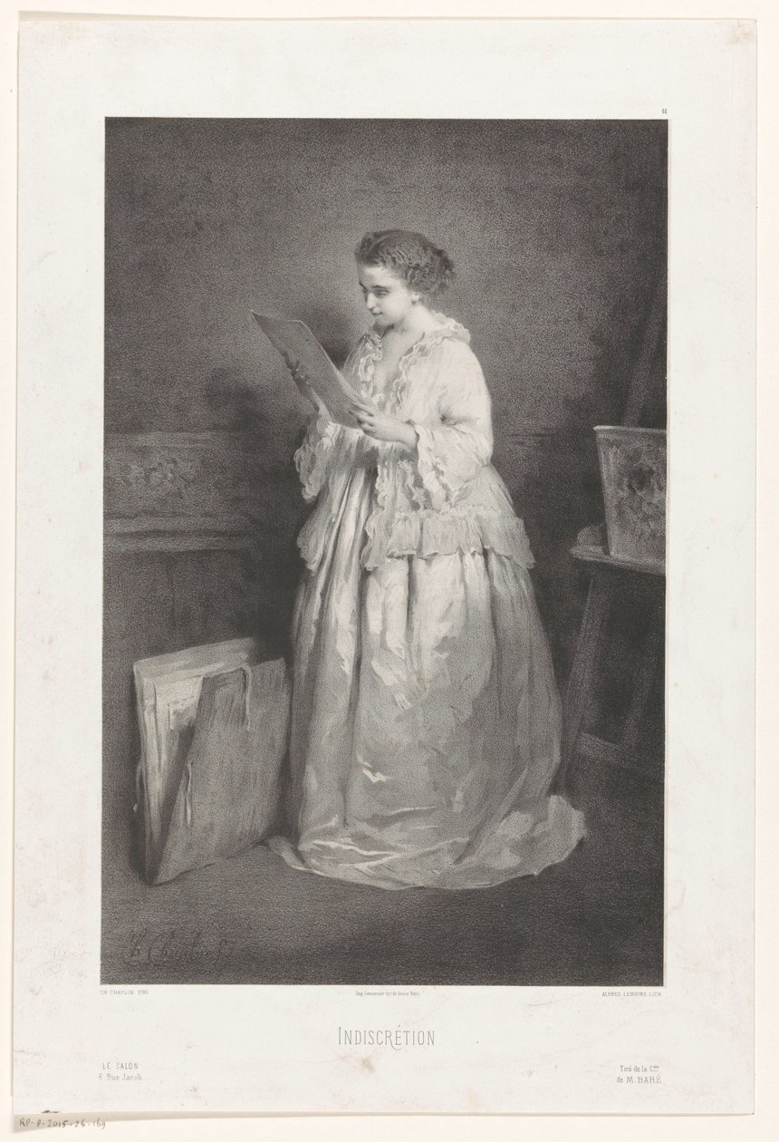 Jonge vrouw bekijkt een prent of tekening door Alfred François Lemoine