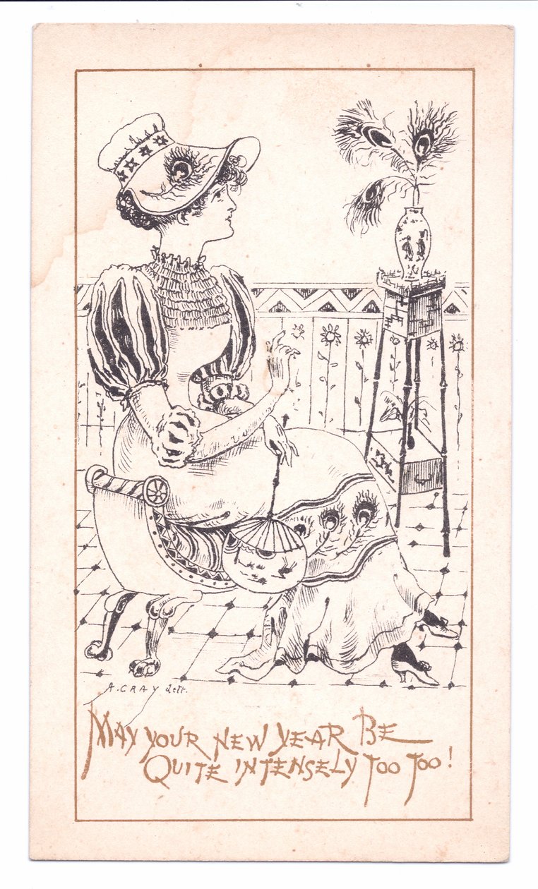 Victoriaanse nieuwjaarskaart van een estheet die een vaas met pauwenveren bewondert, c.1881 (monochroom) door Alfred Gray