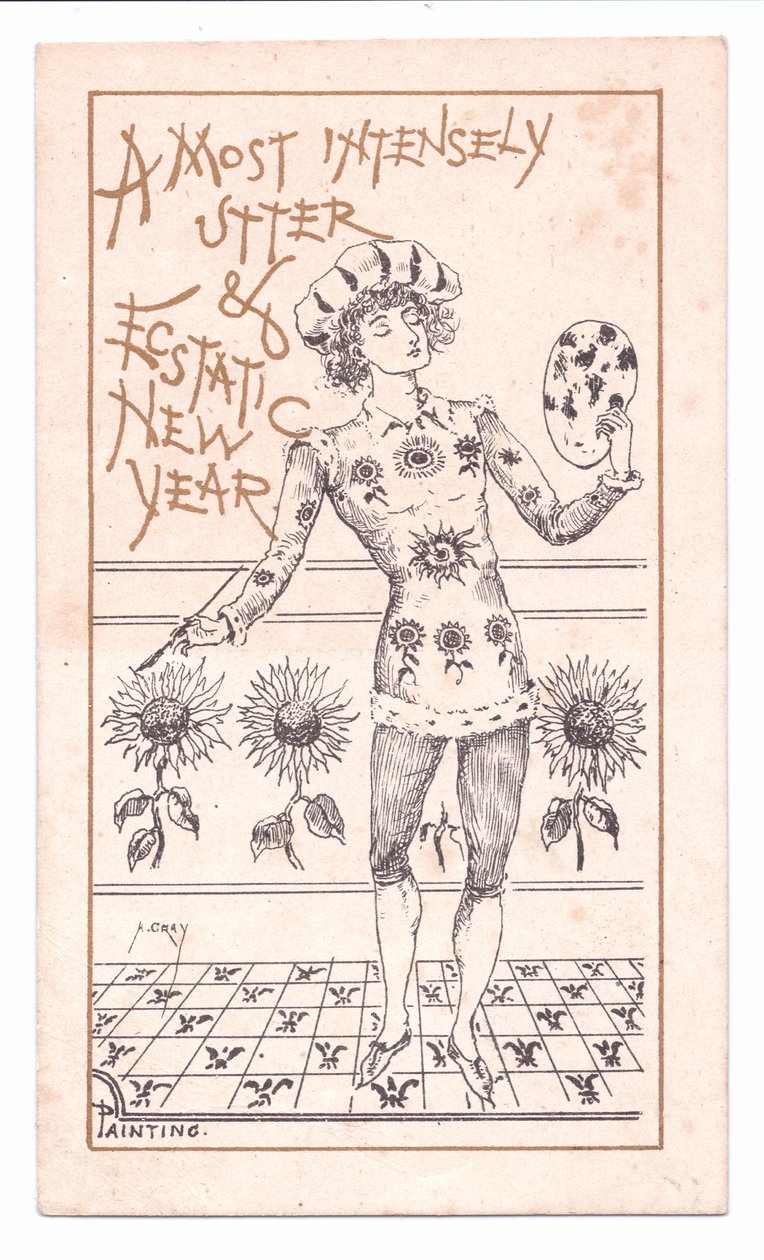 Victoriaanse nieuwjaarskaart van een esthetische kunstenaar die schildert, ca. 1881 door Alfred Gray