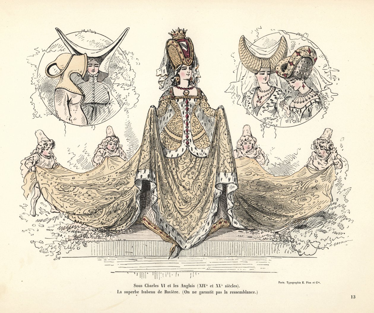 Kostuum van Isabeau van Beieren, Koningin van Frankrijk, hoofdtooien door Alfred Grevin