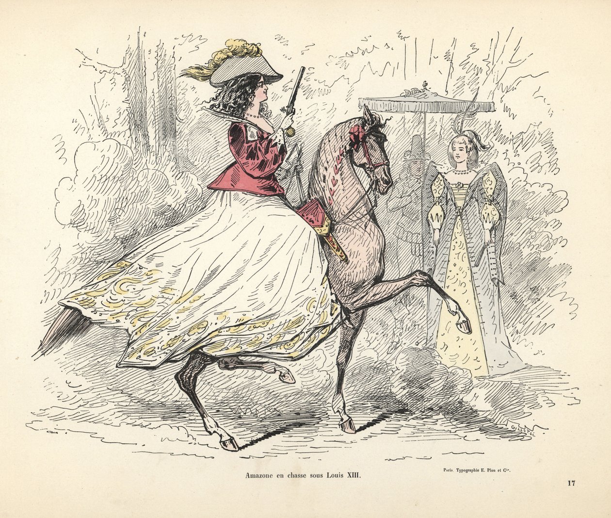 Jachtkostuum voor een vrouw, tijdperk van koning Lodewijk XIII van Frankrijk door Alfred Grevin