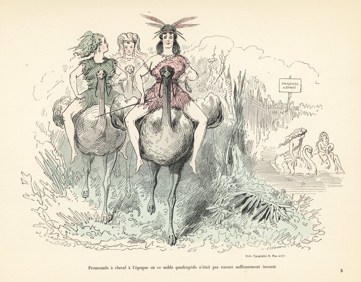 Vrouwen in dierenvellen en veren die op struisvogels en zwanen rijden door Alfred Grevin