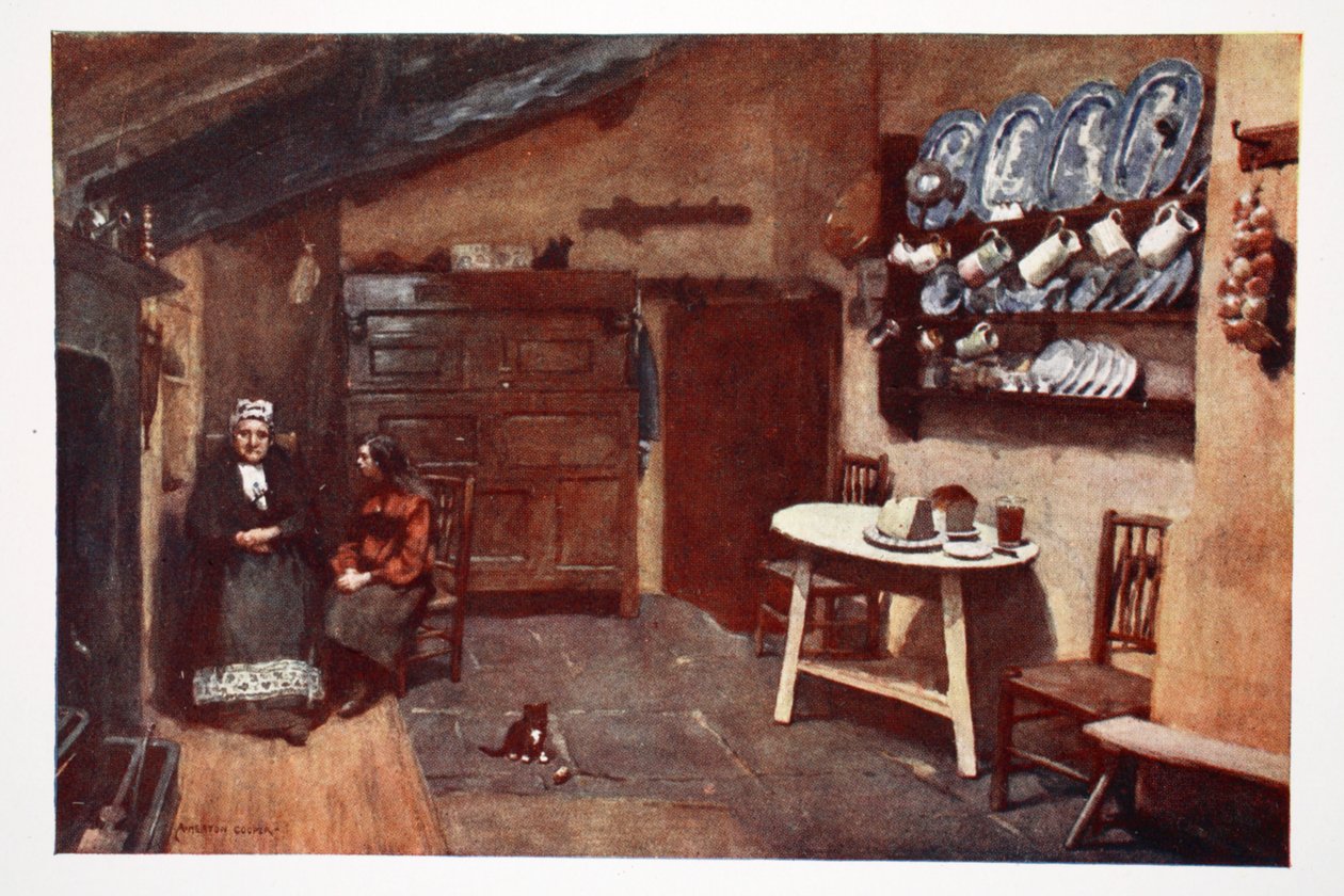 Een oude herbergkeuken, Coniston, uit een portfolio van prenten van de originele aquarellen, ca. 1920 door Alfred Heaton Cooper