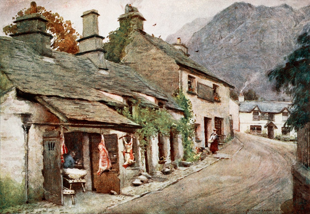 De oude slagerij, Coniston Village, uit een portfolio van prenten van de originele aquarellen door Alfred Heaton Cooper