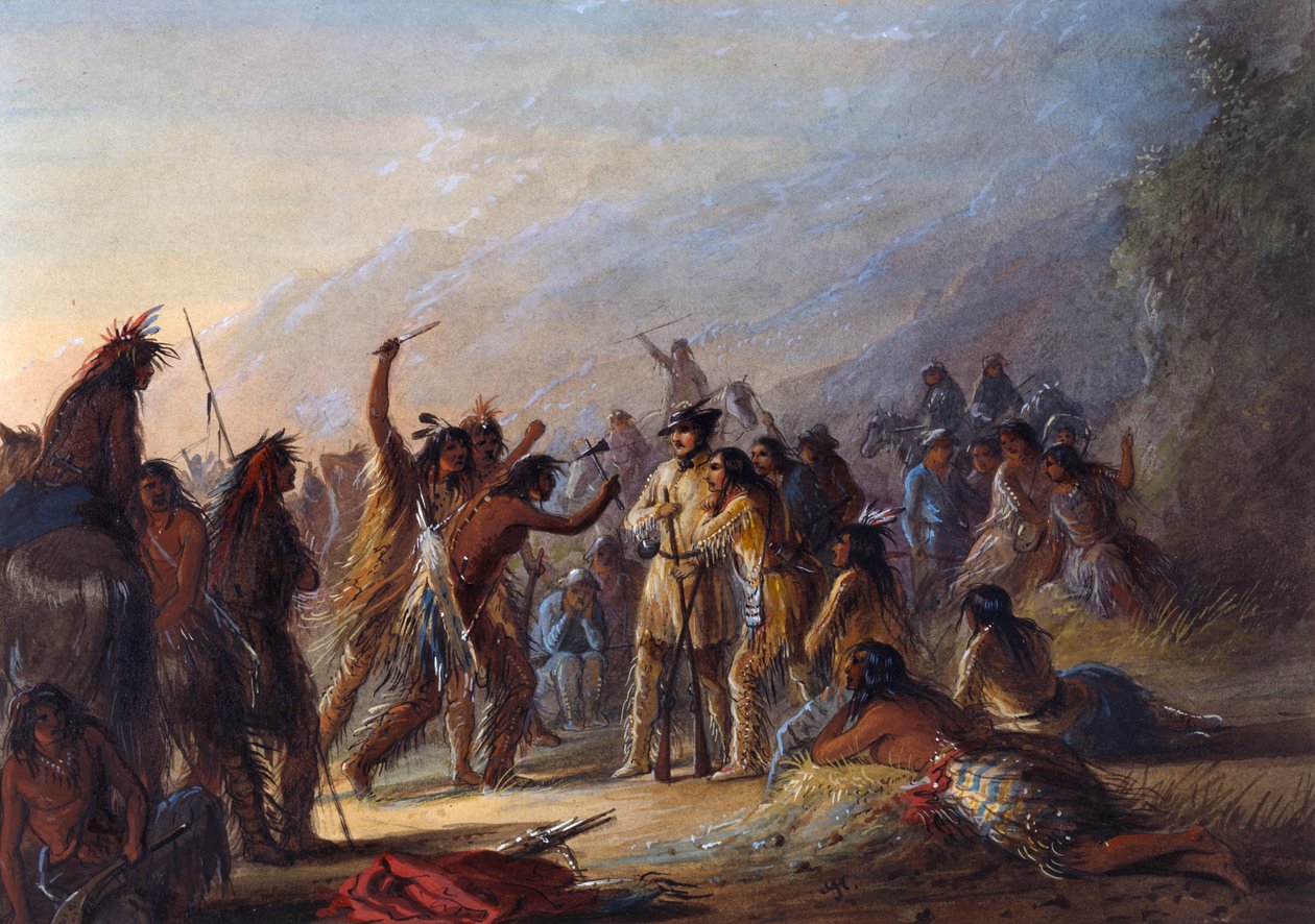 Aanval door Crow-indianen door Alfred Jacob Miller
