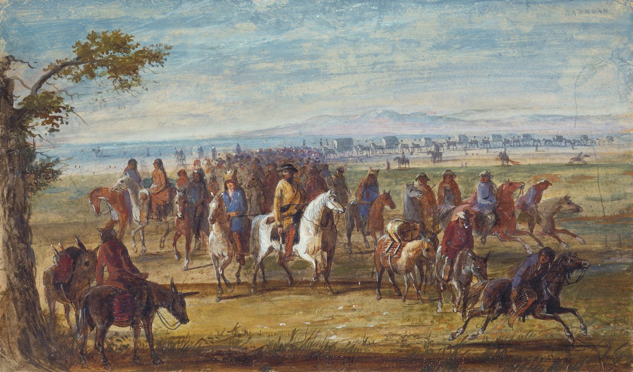 Karavaan: Sir William Stewart op een wit paard, ca. 1837 door Alfred Jacob Miller