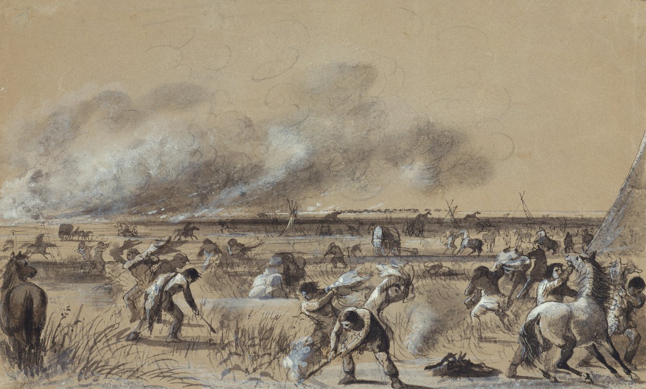 Brand op de prairie, het kamp in brand steken, ca. 1837 door Alfred Jacob Miller