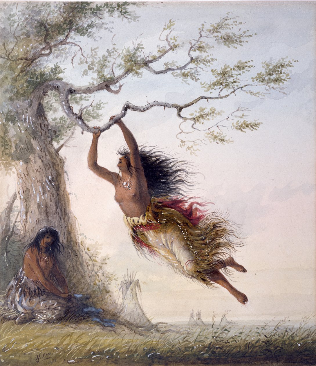 Indiaanse meisjes op een schommel door Alfred Jacob Miller