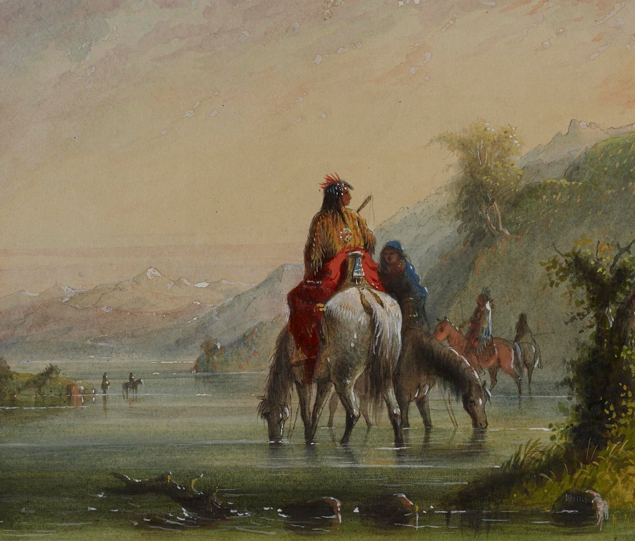 Indiaanse meisjes die paarden drenken (Eau Sucre River) door Alfred Jacob Miller