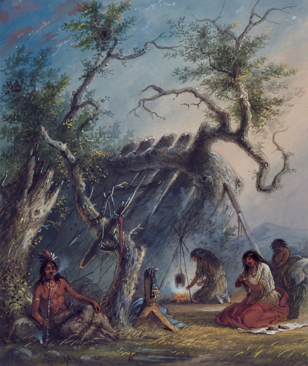 Indiaanse lodge door Alfred Jacob Miller