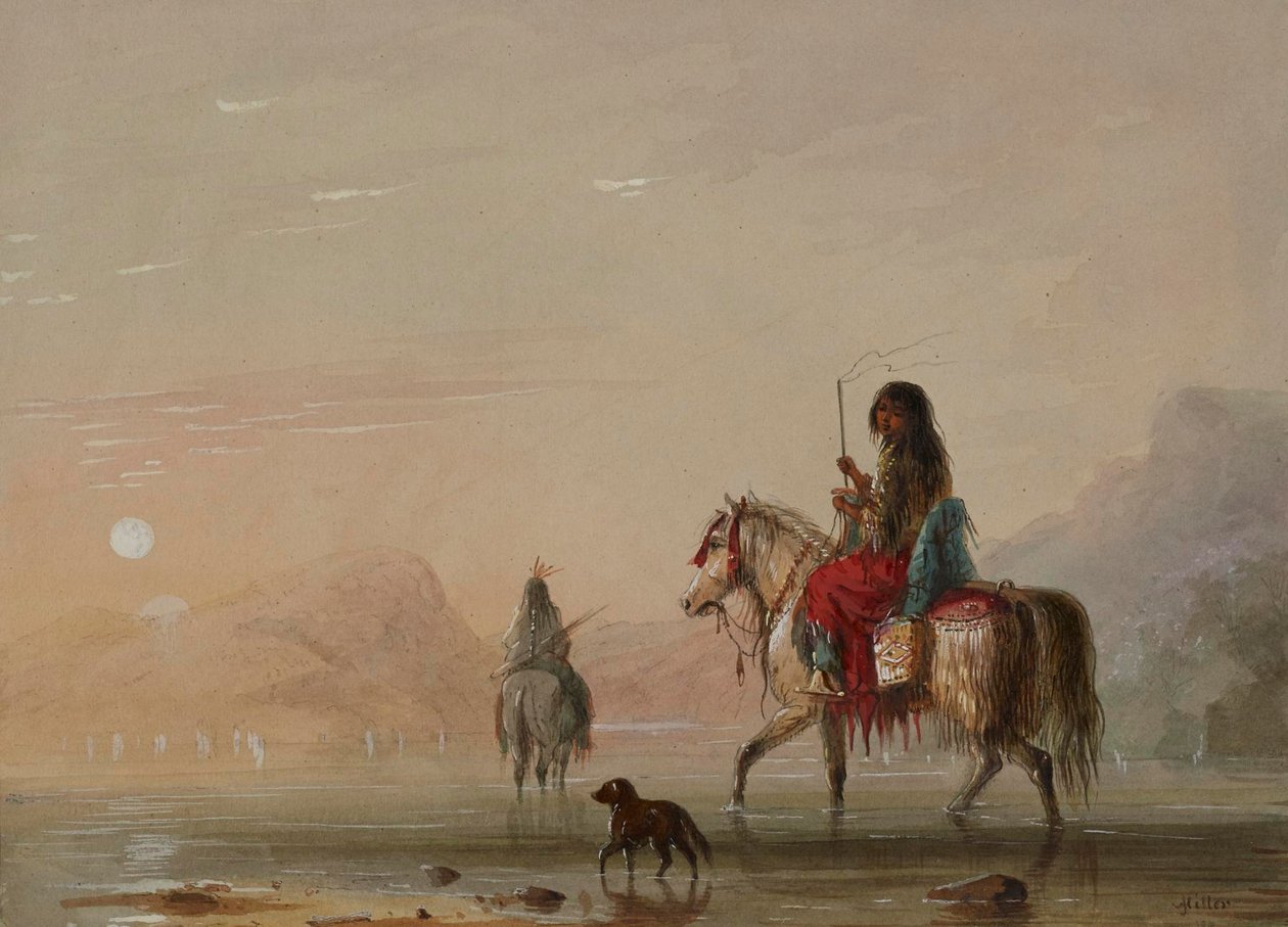 Een Indiaan en zijn squaw steken een rivier over door Alfred Jacob Miller
