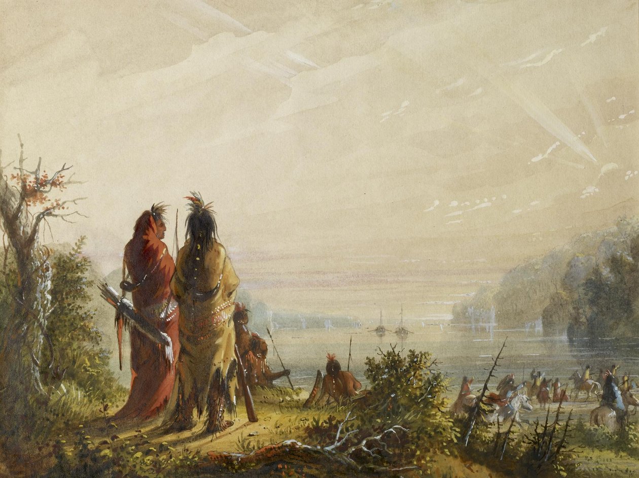 Indianen dreigen bontschepen aan te vallen door Alfred Jacob Miller