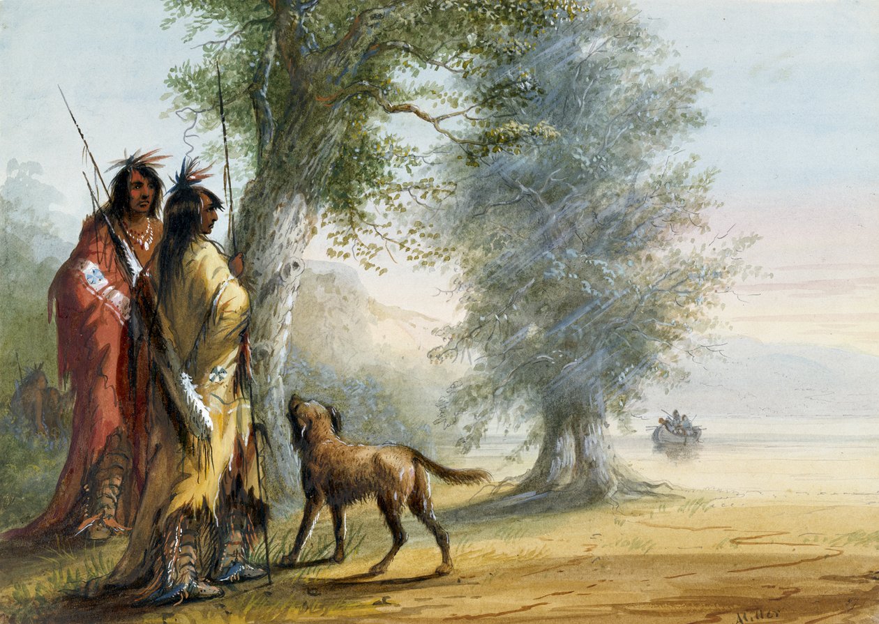 Indianen die naar een kano kijken door Alfred Jacob Miller