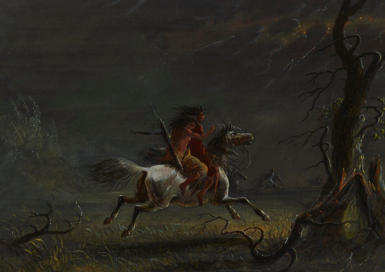 Indianen in een storm: nachtscène door Alfred Jacob Miller