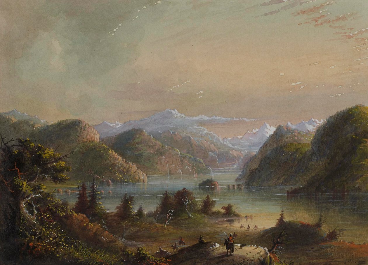 Meergezicht met rivier en berg door Alfred Jacob Miller