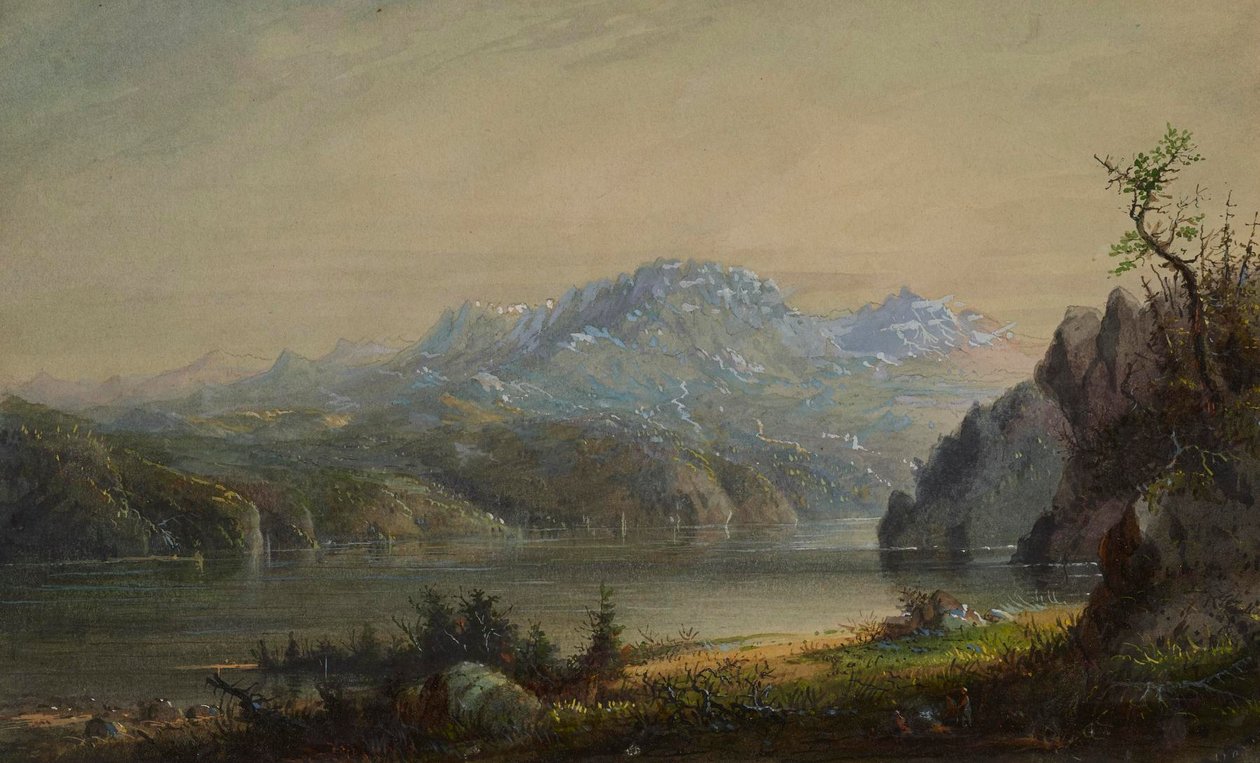 Landschap met meer en bergen door Alfred Jacob Miller