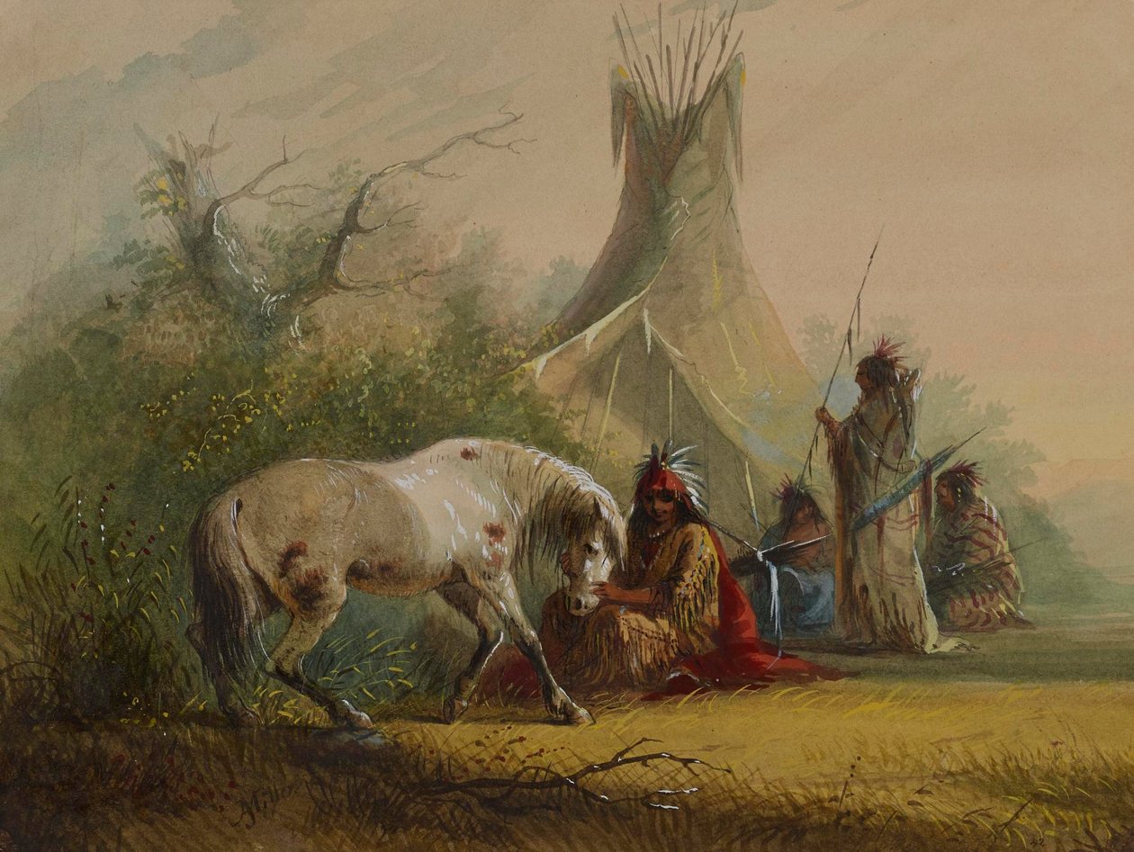 Shoshone-indiaan en zijn lievelingspaard door Alfred Jacob Miller
