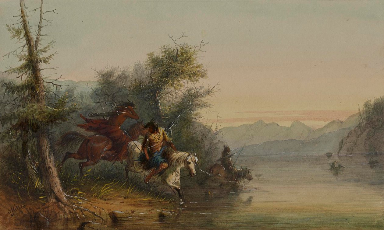 Slangenindianen: Een rivier doorwaden door Alfred Jacob Miller