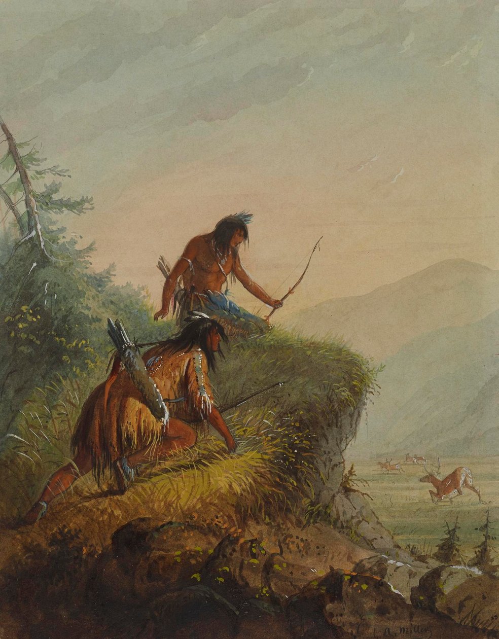 Snake-indianen die op elanden jagen door Alfred Jacob Miller