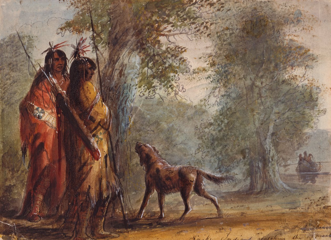 Snake Indianen kijken naar de nadering van een kano, c.1837 door Alfred Jacob Miller