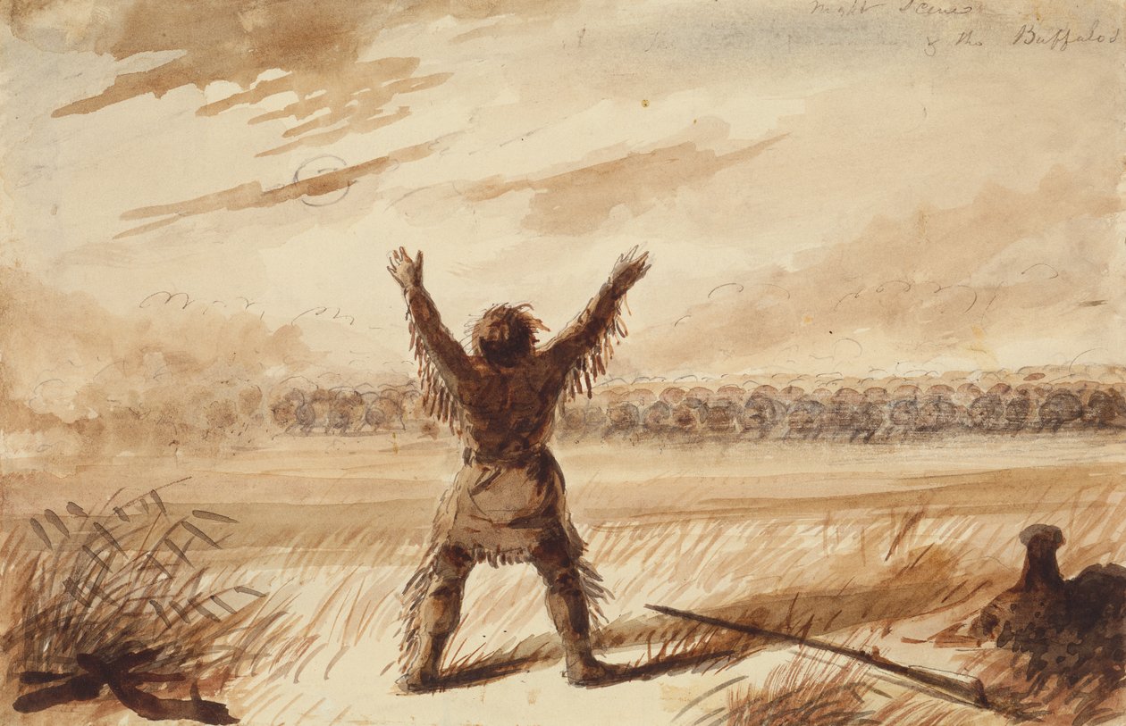 Trapper Verstoord in Rust door een Kudde Buffels, c.1837 door Alfred Jacob Miller