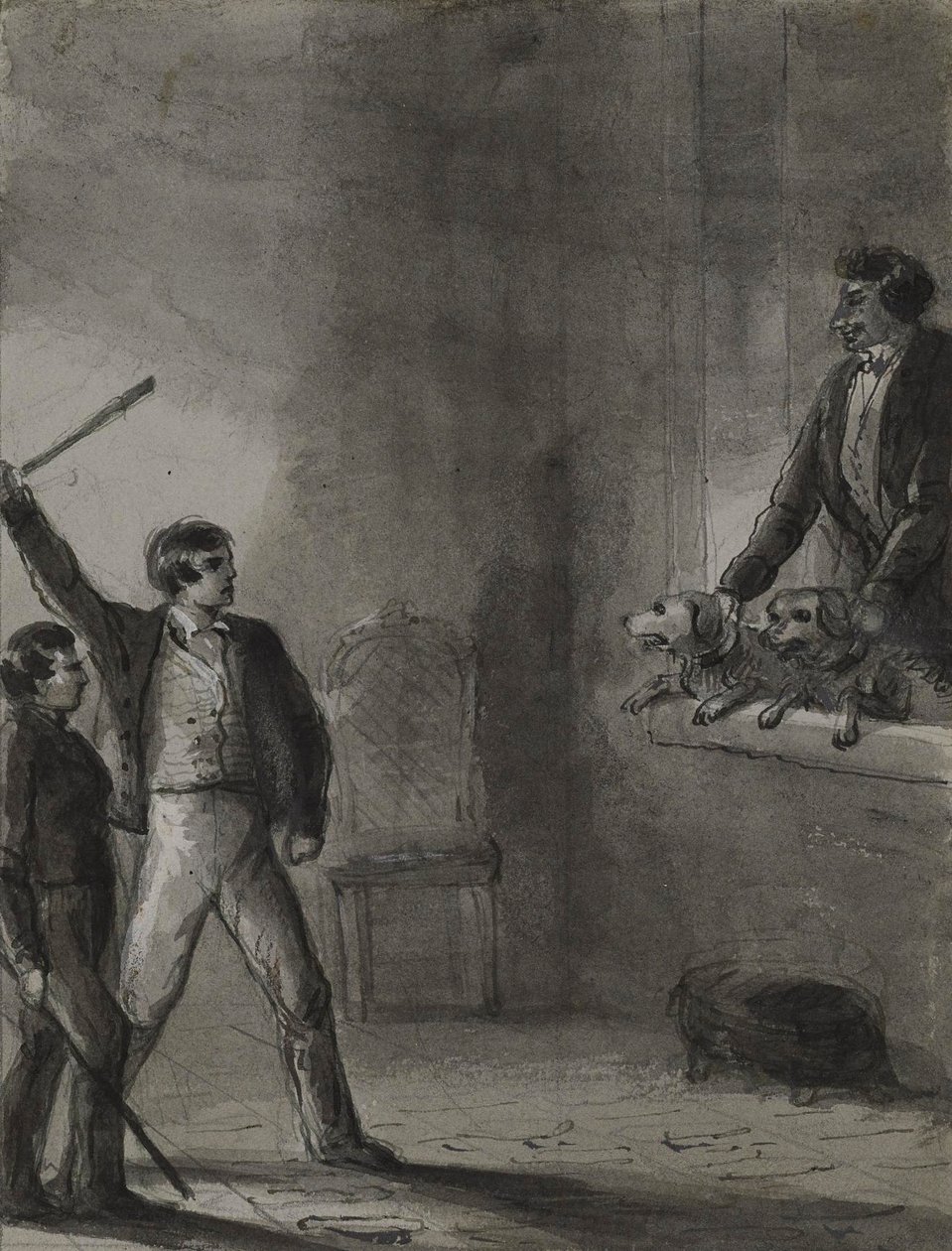 Twee jongens met opgeheven stokken terwijl een man en honden uit een raam kijken door Alfred Jacob Miller
