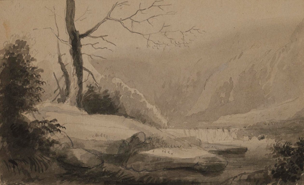 Uitzicht op een beek en bergen door Alfred Jacob Miller