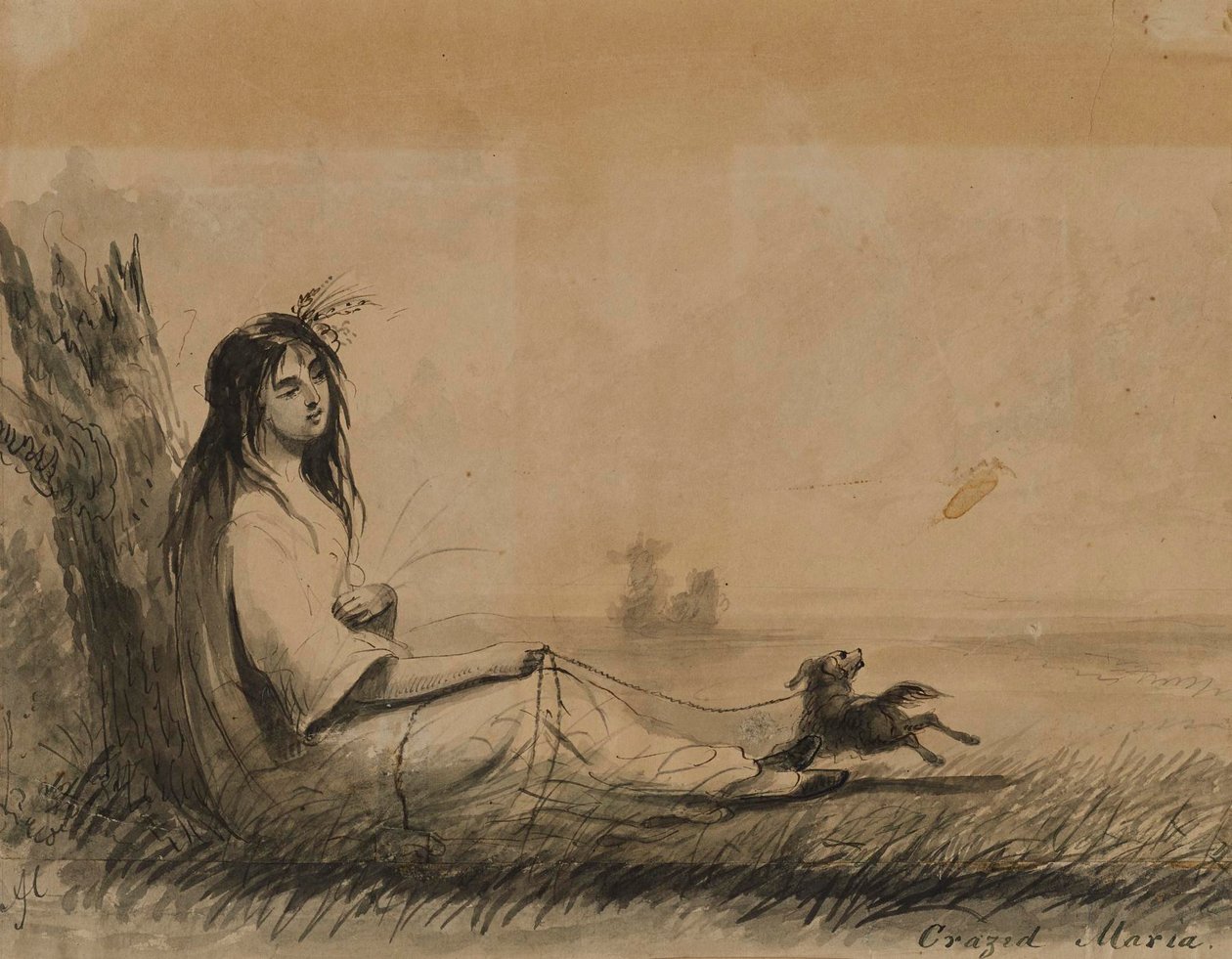 Liggende vrouwen met aangelijnde hond (uit Laurence Sterne, "Een sentimentele reis", 1768) door Alfred Jacob Miller
