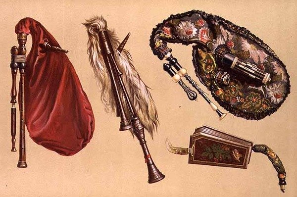 Doedelzakken: vier waaronder een Cornemuse, een Calabrese en een Musette, uit 