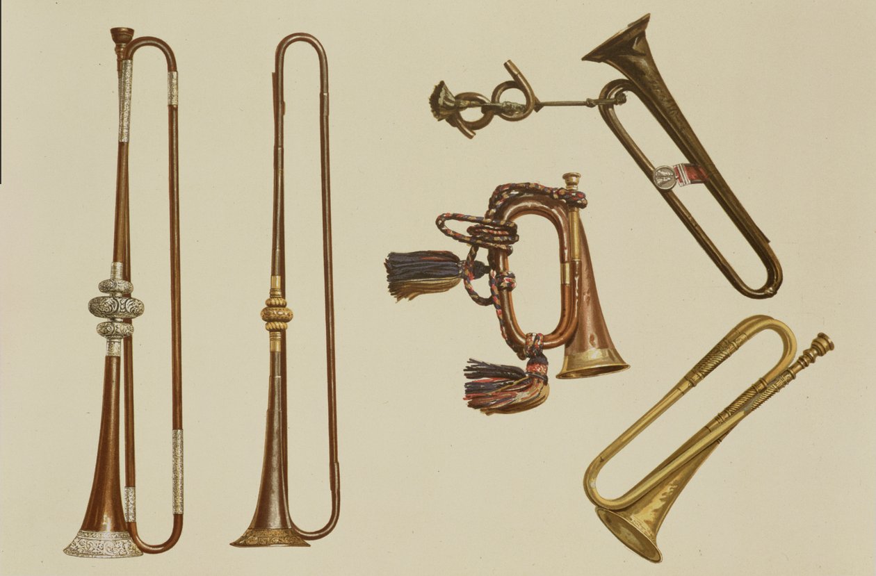 Cavalerietrompet, een bugel, een vergulde trompet gemaakt door John Harris c.1730, een trompet en een zilveromrande trompet door William Ball c.1680, uit 