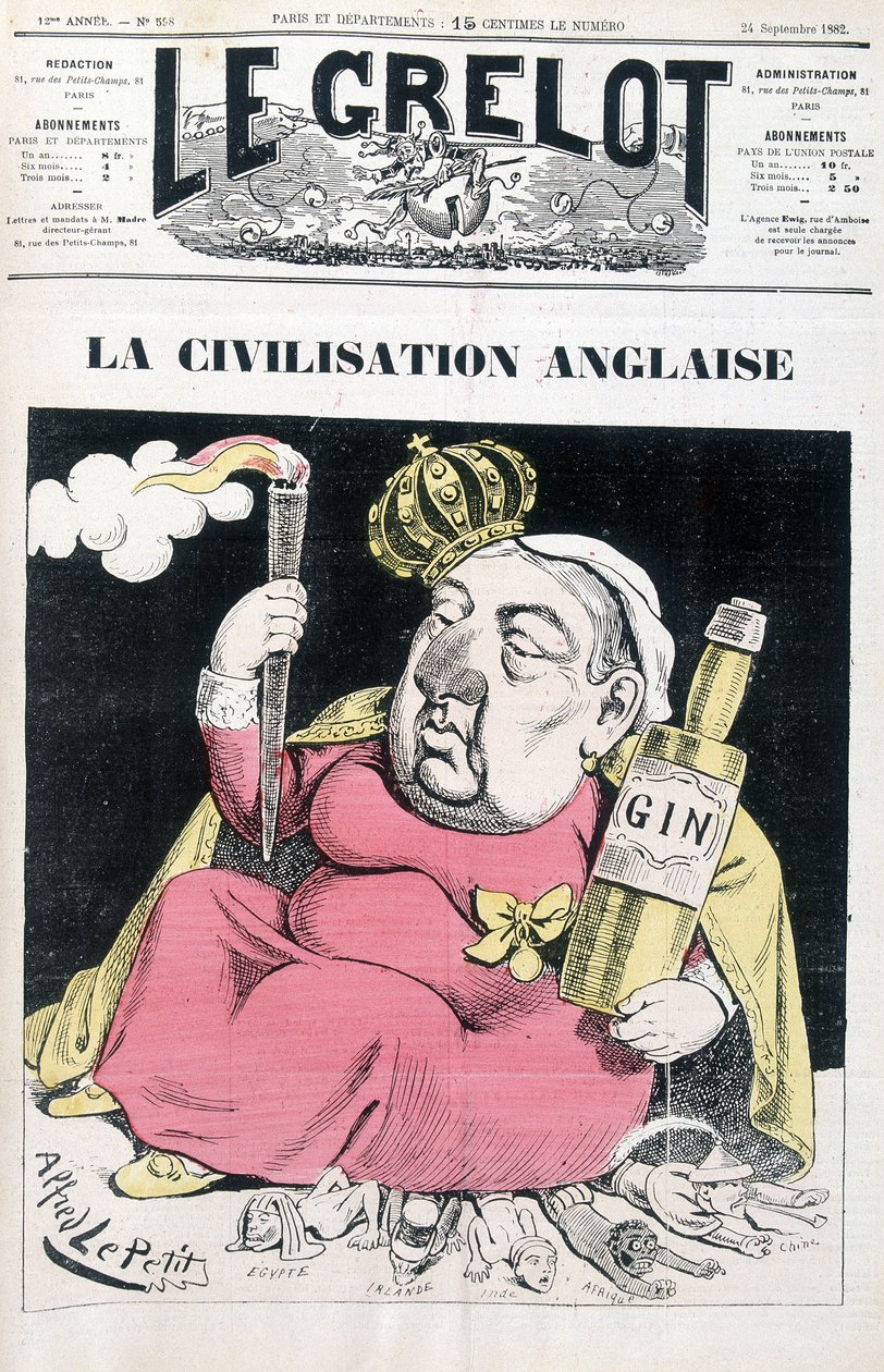 Engelse beschaving: Victoria, een fles gin in de hand, zittend op Egypte, Ierland, India, Afrika en China - door Alfred Le Petitty, in 