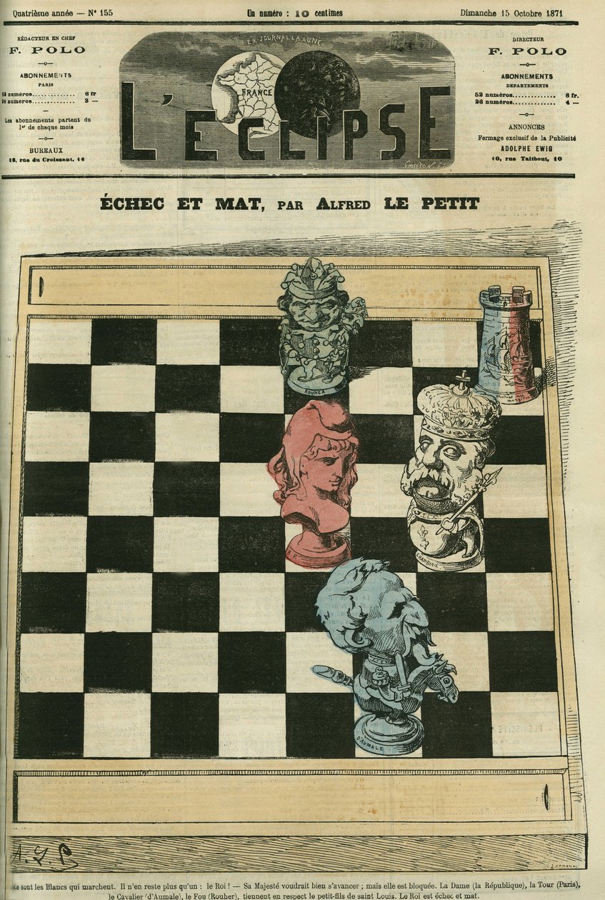Schaakmat, de Dame-Republiek, de Toren-Parijs, de Ruiter-Hertog van Aumale (1822-1897), de Loper-Rouher (1814-1884) hebben koning Louis-Philippe d