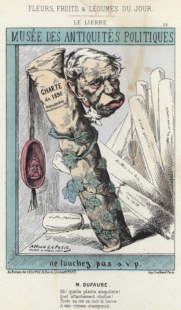 De Klimop: Cartoon op Jules Armand (Jules-Armand) Dufaure (1798-1881) in klimop rond een rol papier met 